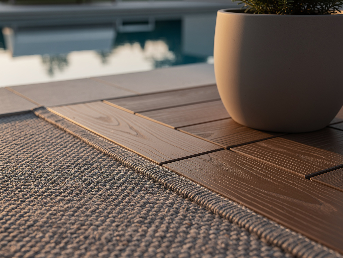 Close-up editorial detail of removable interlocking deck tiles beside a pool, te
