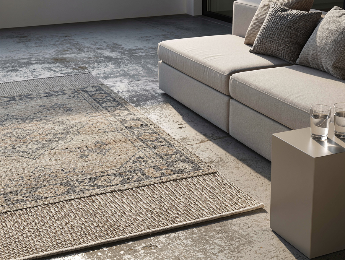 Close detail of an outdoor rug layered on old concrete with modular patio seatin