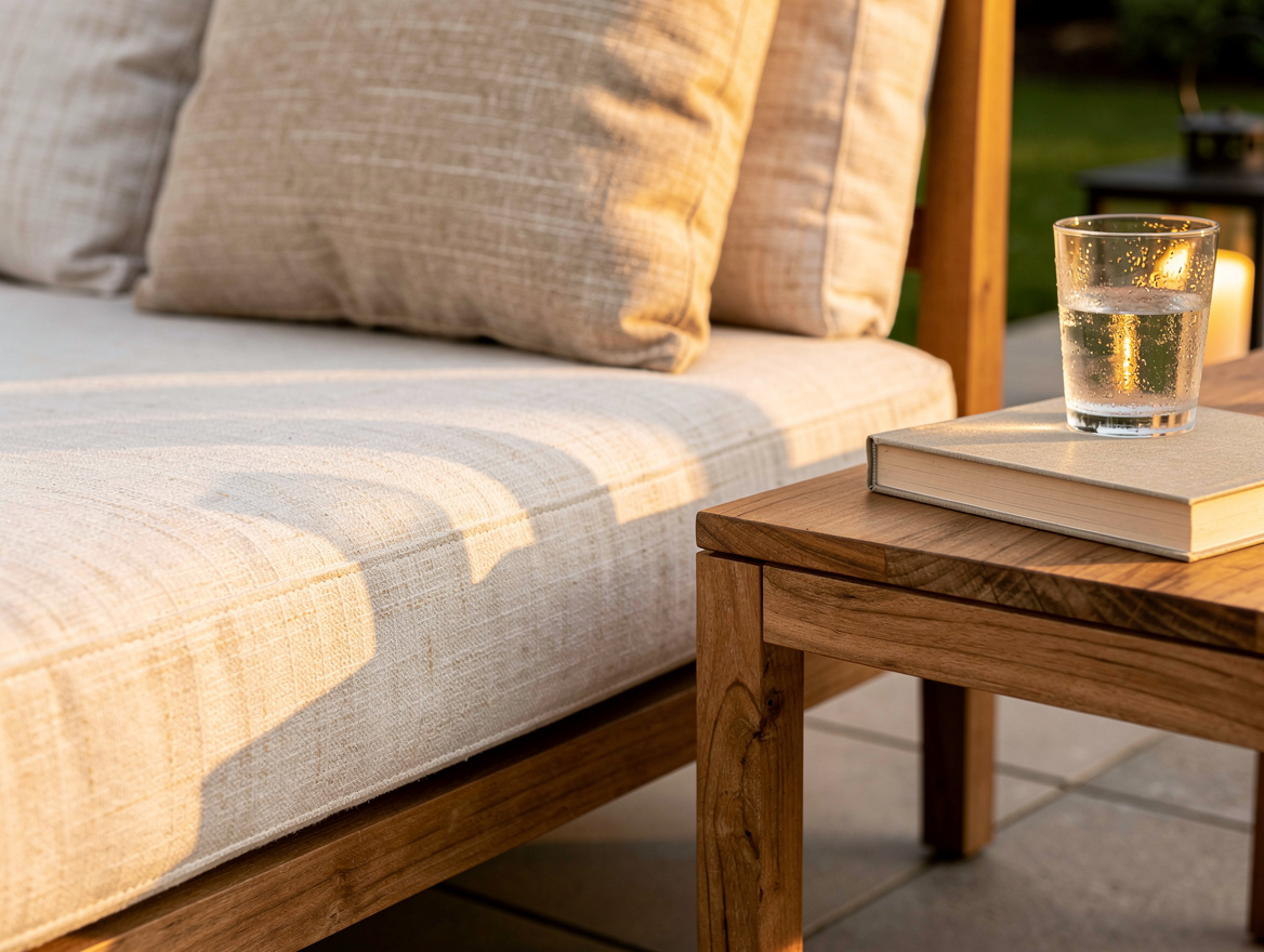 Close-up editorial photo of deep outdoor daybed cushions in performance fabric,