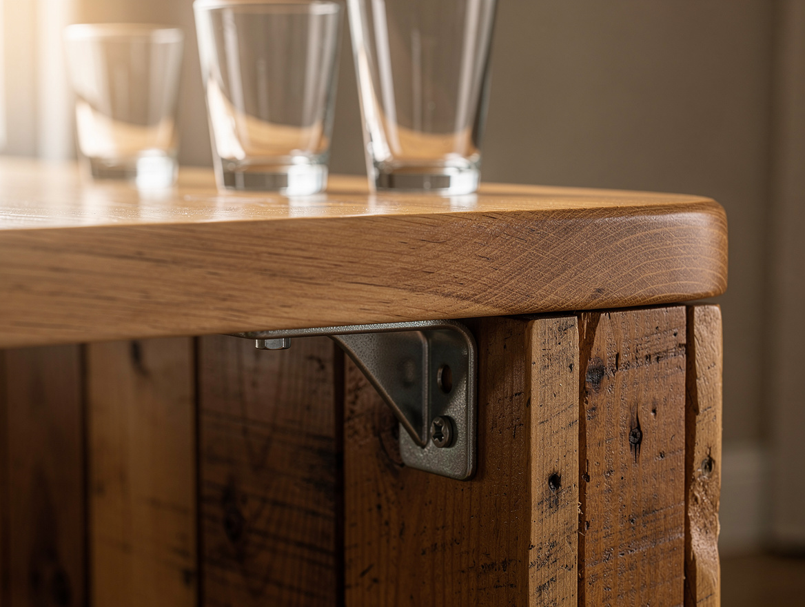 Close detail photo of a sealed pallet wood bar corner with visible hand-sanded e