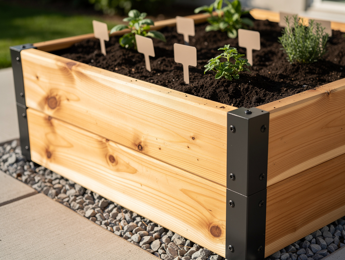 Close-up editorial photo of a cedar raised bed with matte-black hardware, neat h