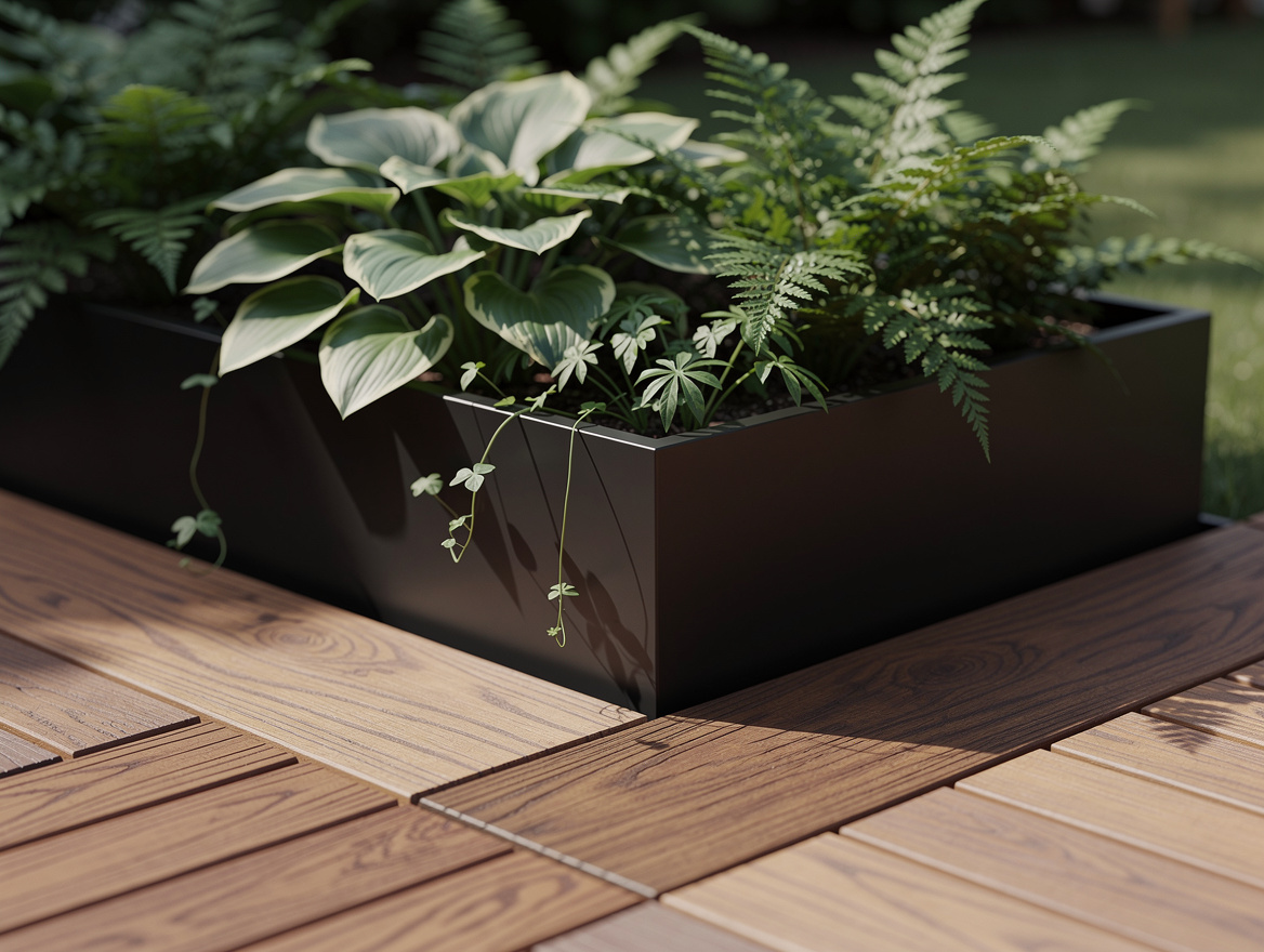 Close-up detail of interlocking wood deck tiles meeting matte black planters fil