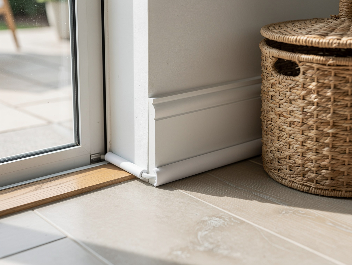 Close-up editorial detail of paintable cord covers along a rental apartment base