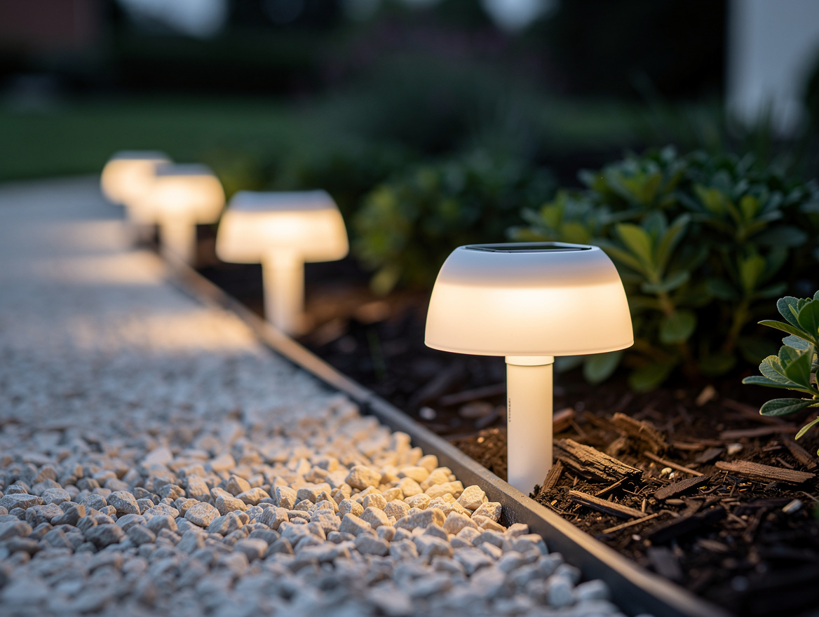 Close-up editorial photo of warm white solar path lights set in pea gravel besid