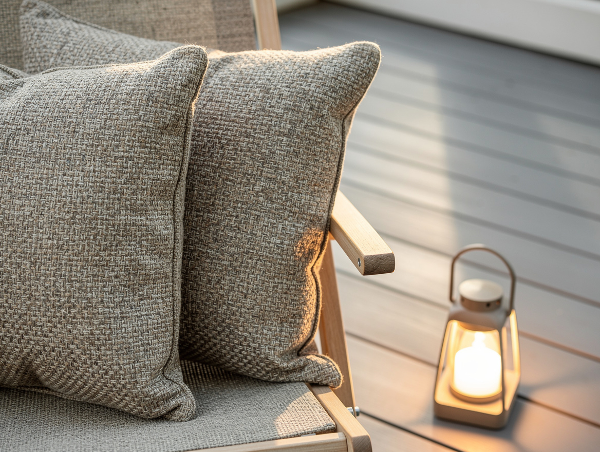 Close-up editorial detail of woven outdoor pillows on a small deck chair, textur