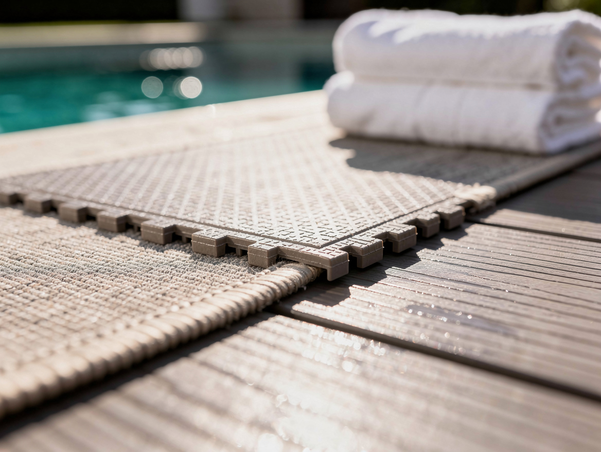 Close-up editorial detail of snap-together deck tiles meeting a neutral outdoor