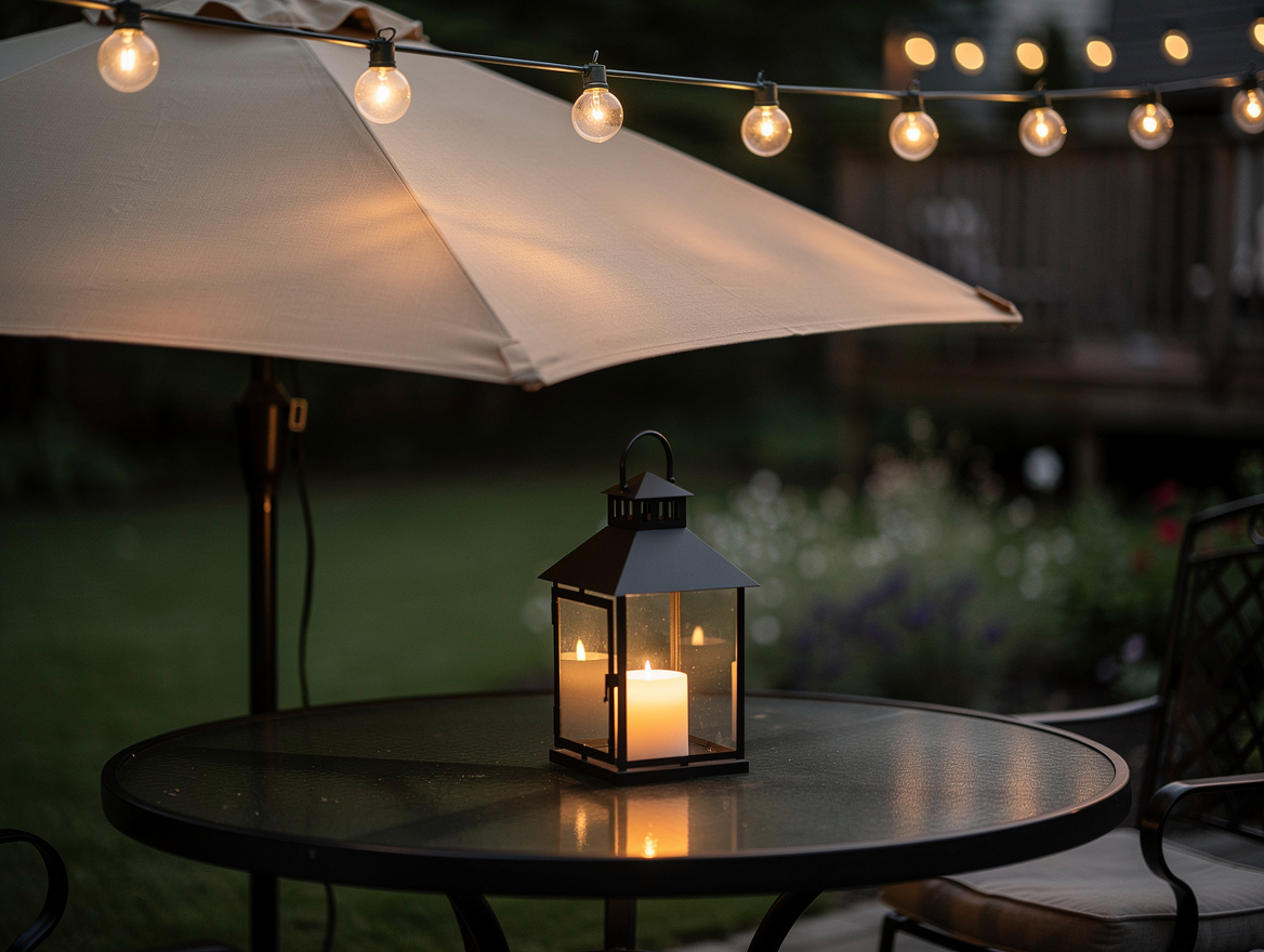 Realistic editorial detail shot of outdoor string lights clipped above a patio u