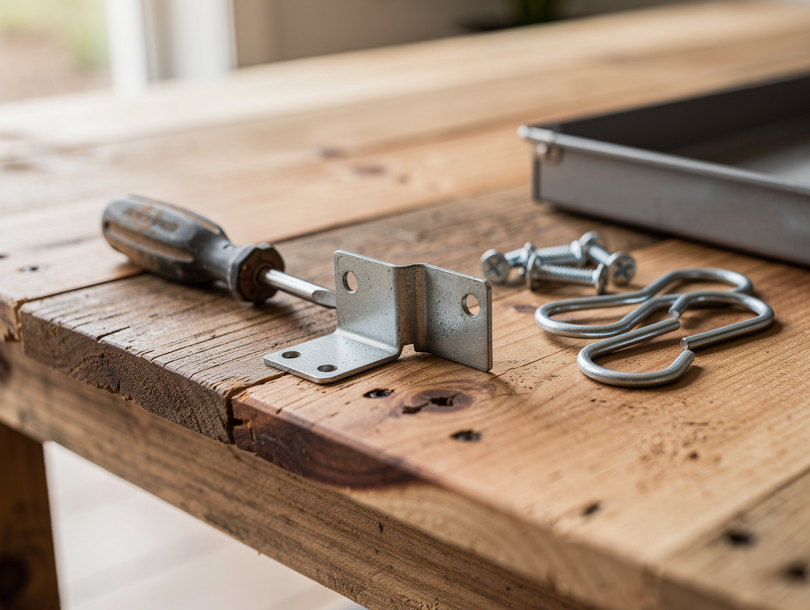 Close-up editorial detail of sanded pallet wood countertop with manual screwdriv