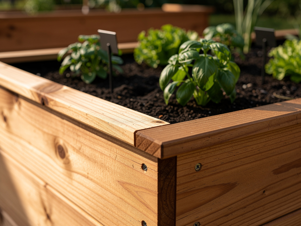 Close-up editorial garden detail of cedar raised bed corners with black metal pl