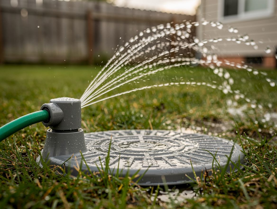 Close-up editorial photo of a PVC splash pad spraying water across a tiny rental