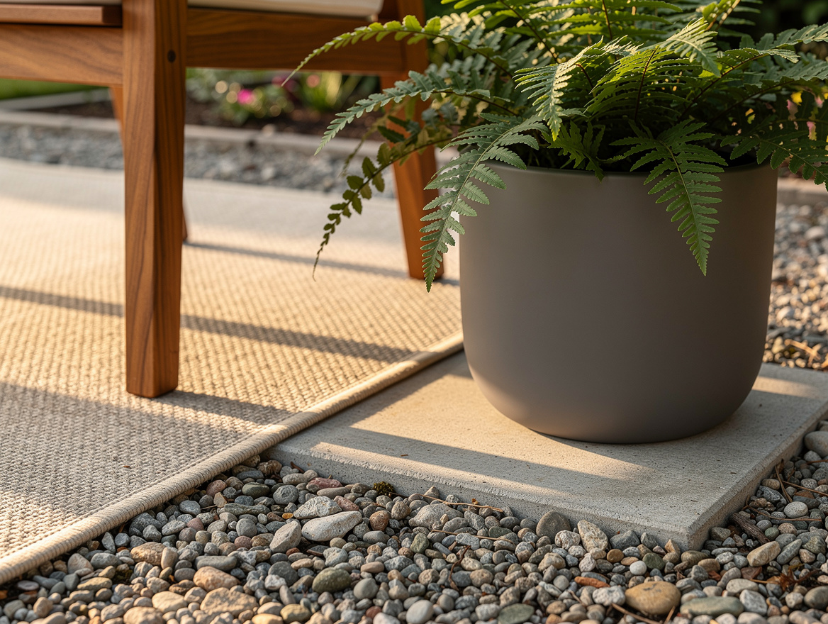 Close-up editorial photo of a backyard seating corner with pea gravel, outdoor r