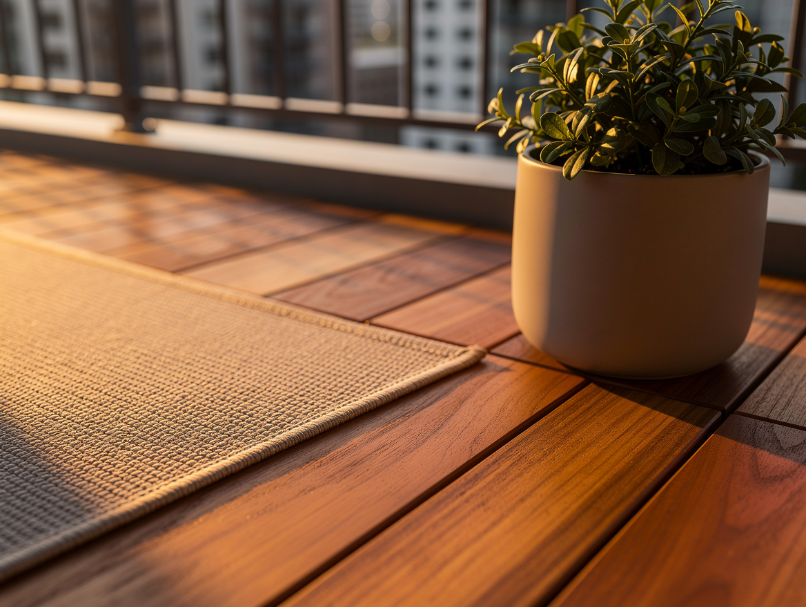 Close-up detail of a renter-friendly balcony floor with acacia deck tiles, outdo