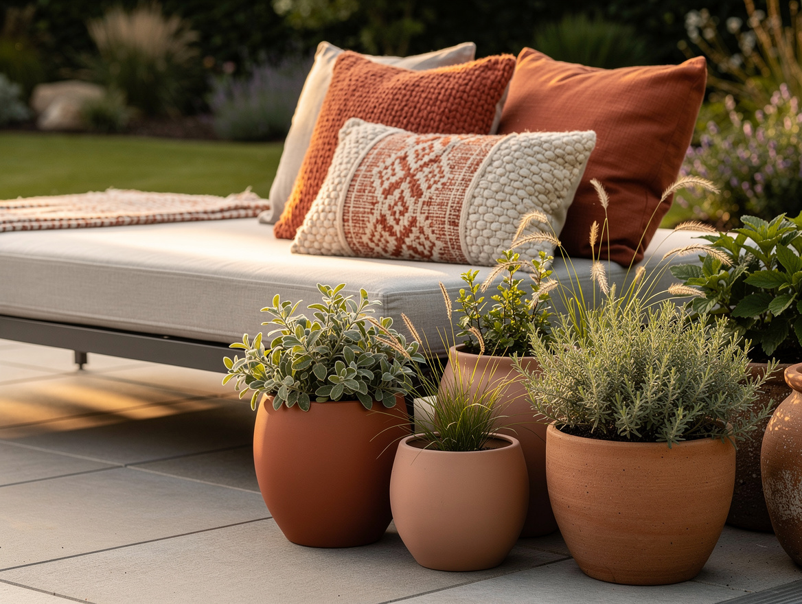 Close-up editorial photo of outdoor pillows and planters in clay, sand, and rust