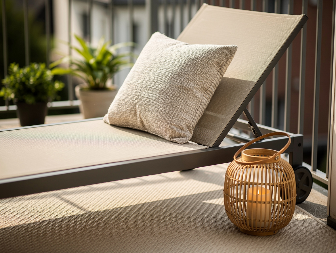 Close-up editorial photo of an outdoor chaise with textured throw pillow, woven
