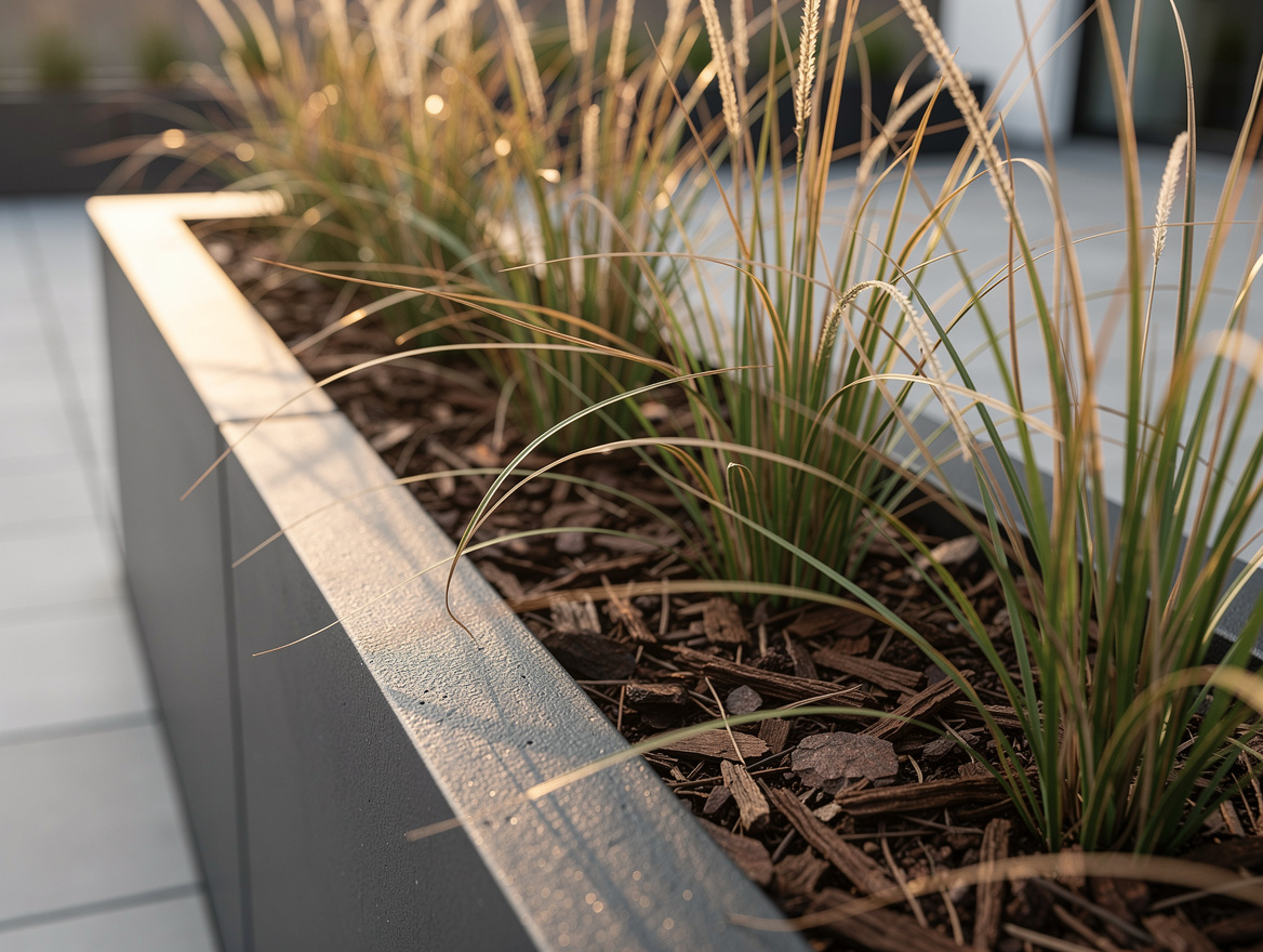 Realistic close-up photo of a dark resin planter wall with tall ornamental grass