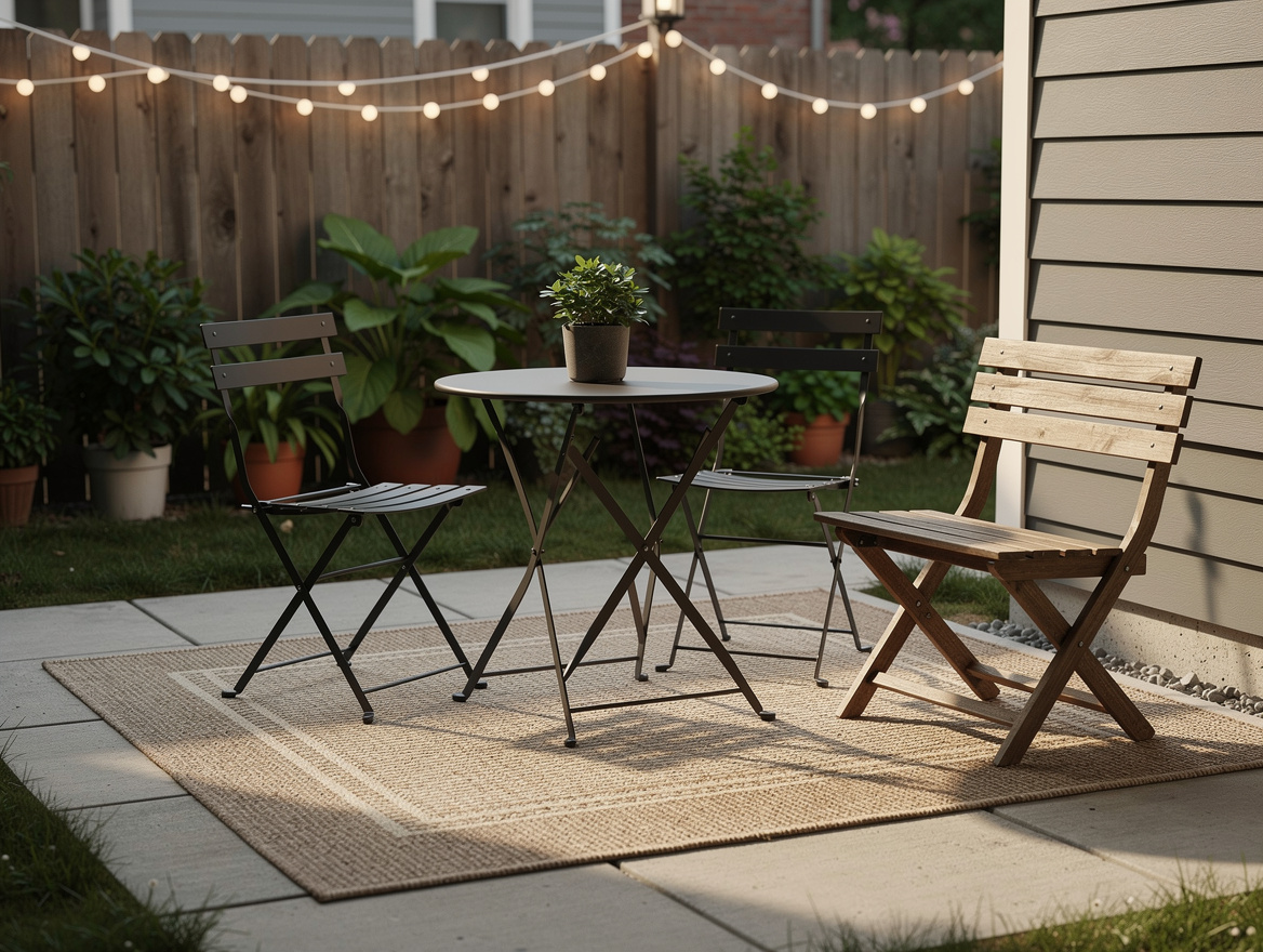 Close-up editorial photo of a small backyard seating zone with a 5x7 outdoor rug