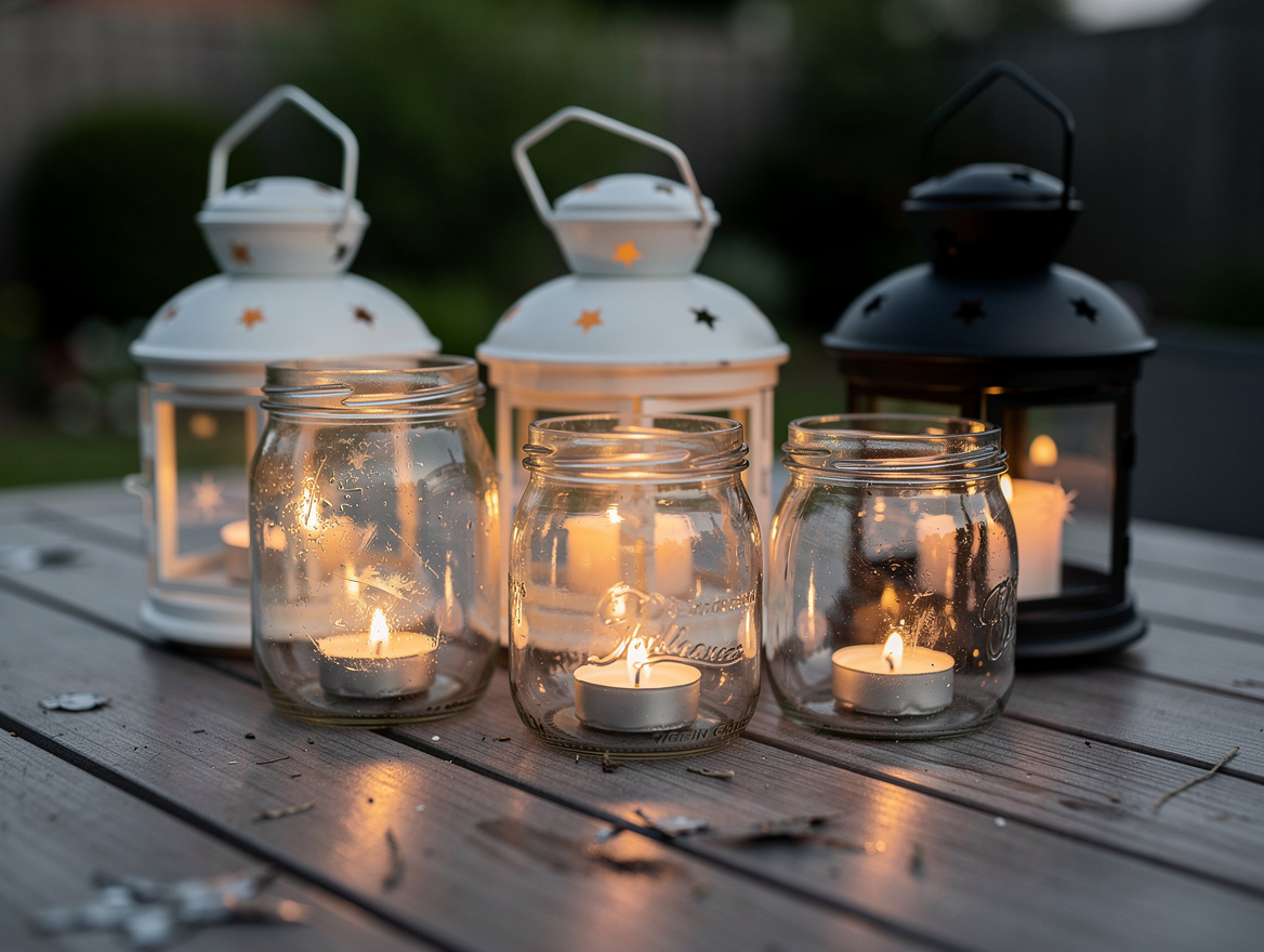 Close-up editorial photo of reused glass jars and IKEA-style lanterns on an outd
