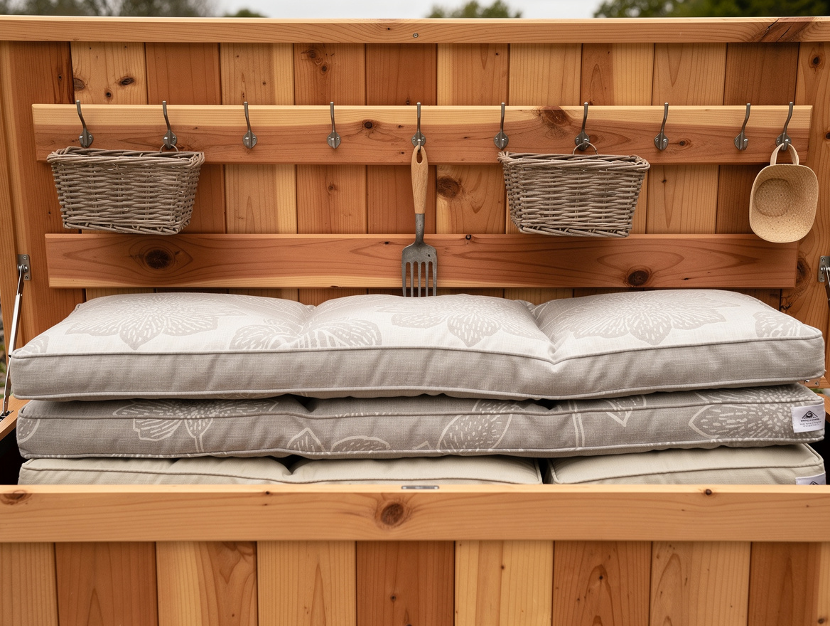 Close-up editorial photo of an outdoor storage bench lid open with patio cushion