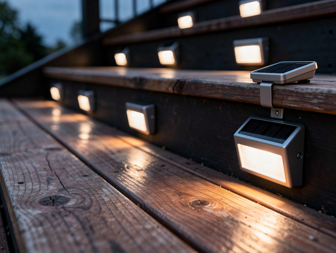 Close-up detail of warm white solar stair lights mounted on dark deck risers, te