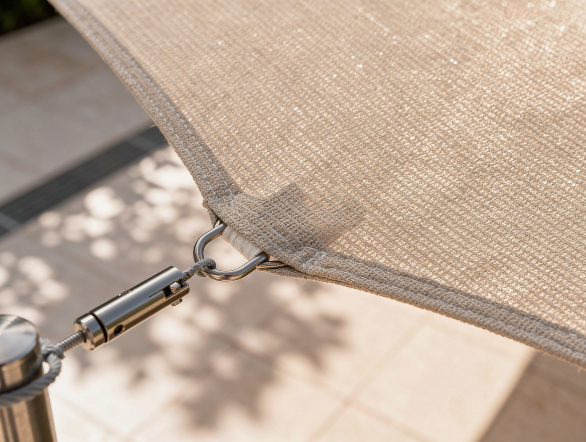 Close-up editorial photo of a breathable shade sail corner with stainless hardwa