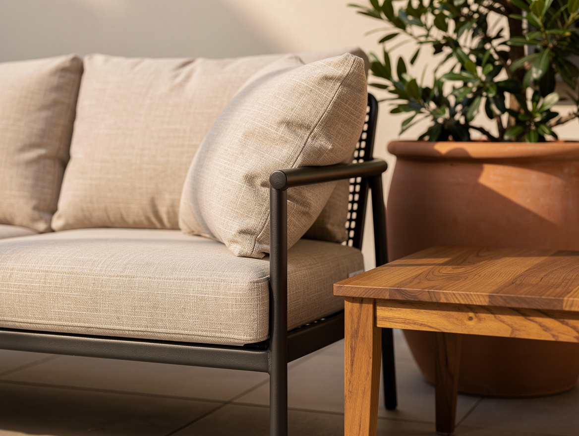 Close-up editorial detail of warm beige outdoor cushions on a black metal chair