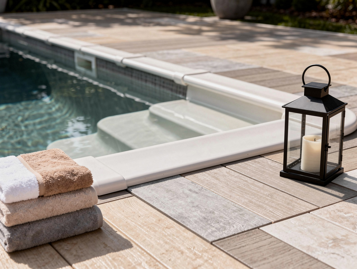 Close-up editorial photo of above-ground pool entry with wide resin steps, deck