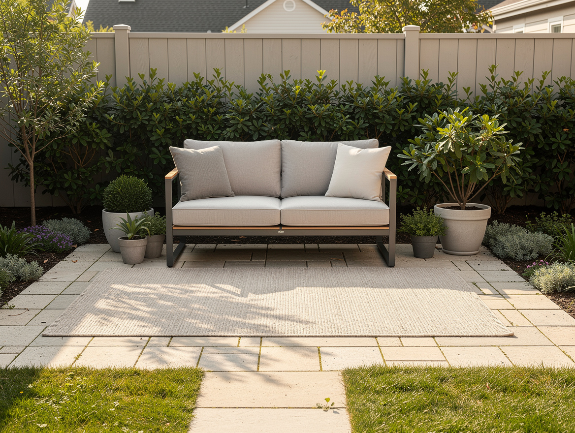 Close-up editorial photo of a small-yard seating area with a compact loveseat, l