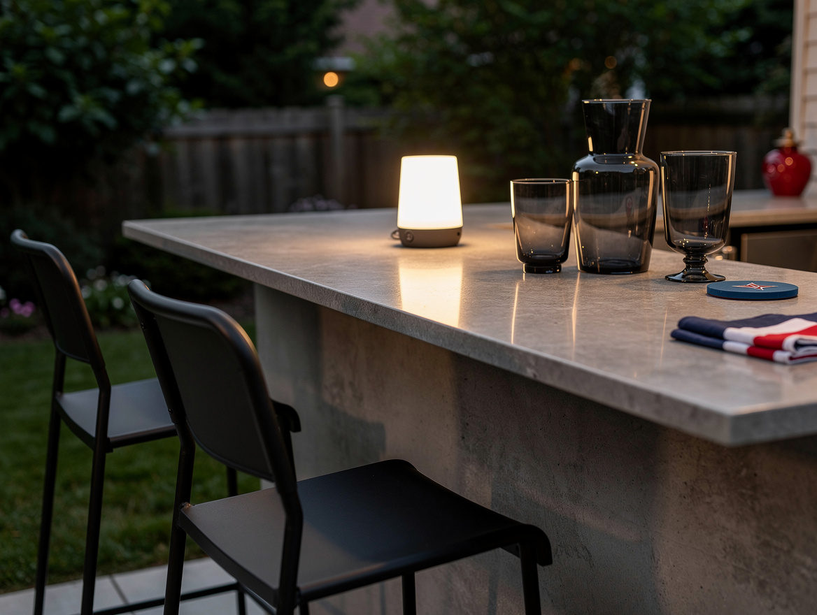 Close-up detail photo of an outdoor bar setup in a backyard, black metal bar sto