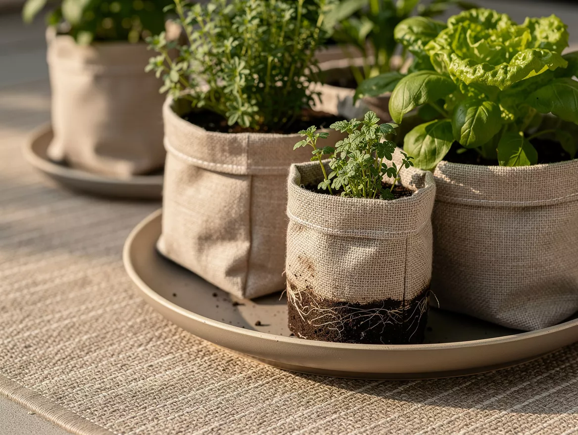 Close-up editorial detail of fabric grow bags on deep saucers over a neutral out