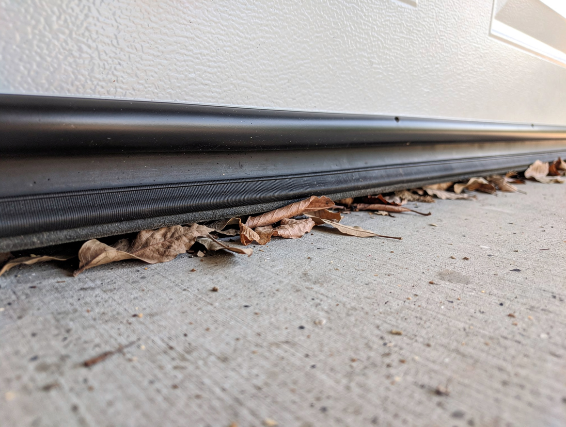 Close-up editorial photo of a garage door threshold with dry leaves showing wher