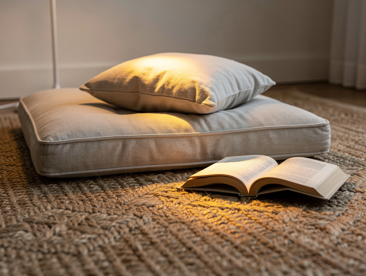 Close-up editorial detail of a floor reading nook with an IKEA-style cushion, co
