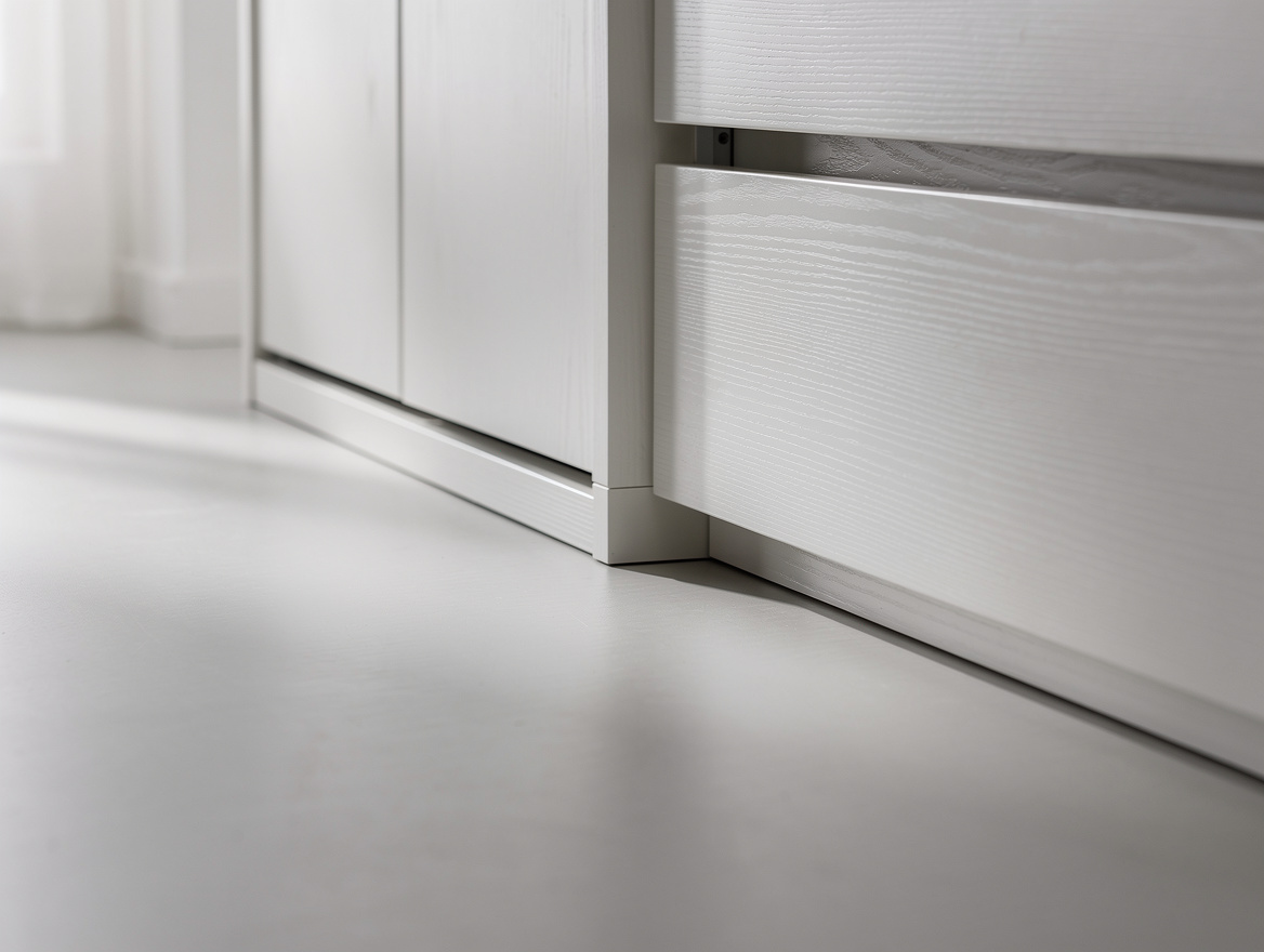 Close-up editorial photo of an IKEA PAX and MALM built-in detail, painted MDF fi
