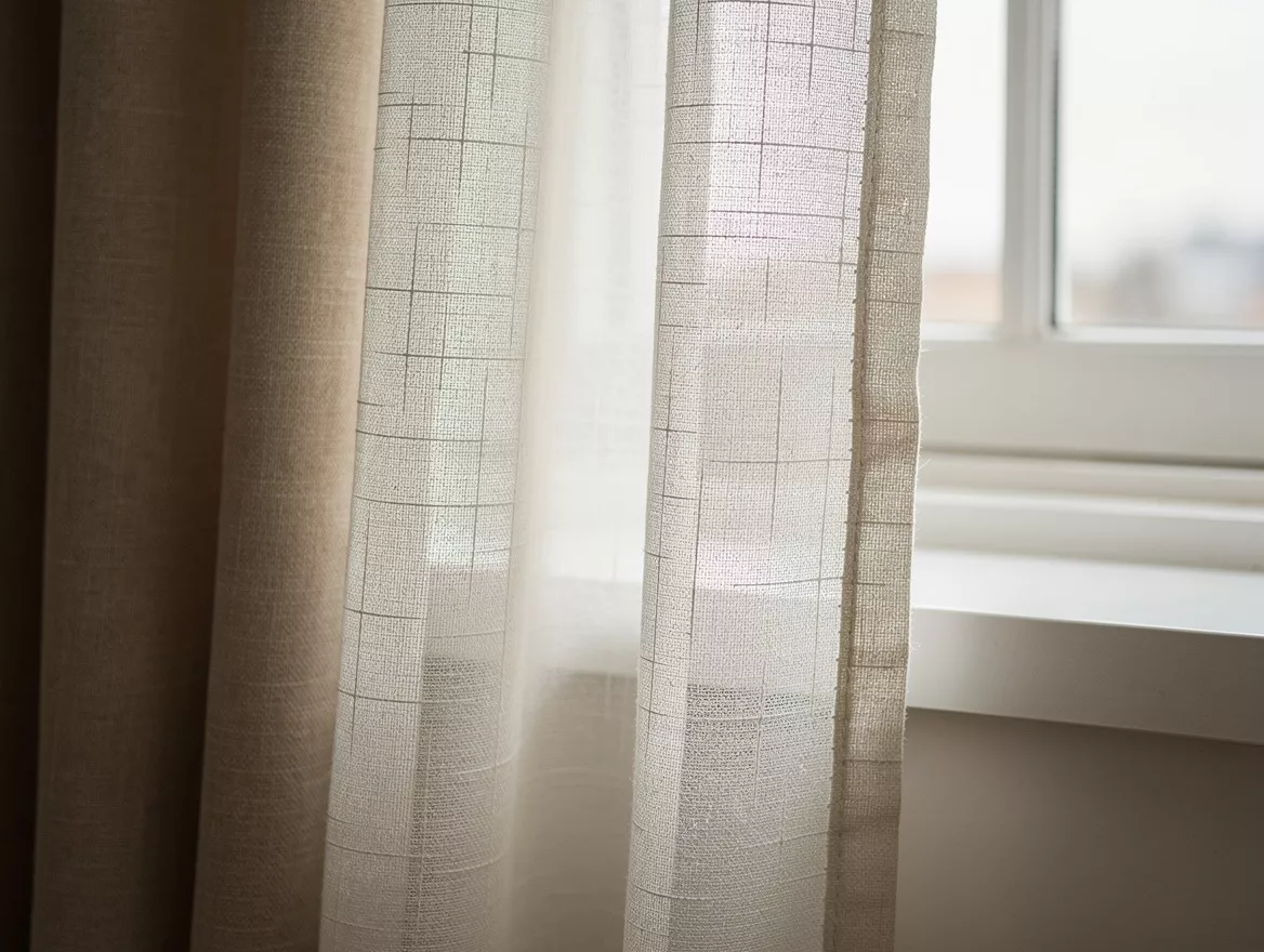Close-up editorial photo of beige thermal blackout curtain layered with off-whit