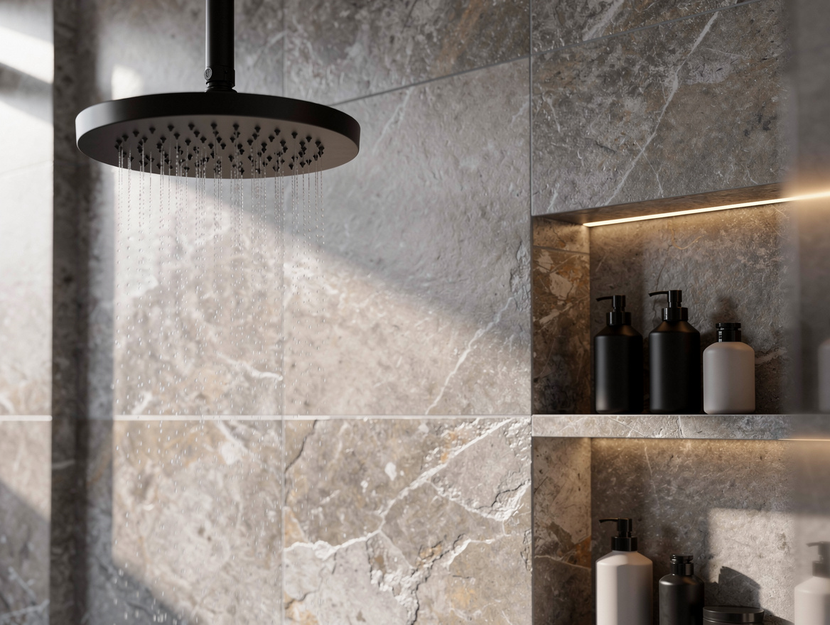 Close-up editorial bathroom detail, matte black rain shower head, tiled niche, s