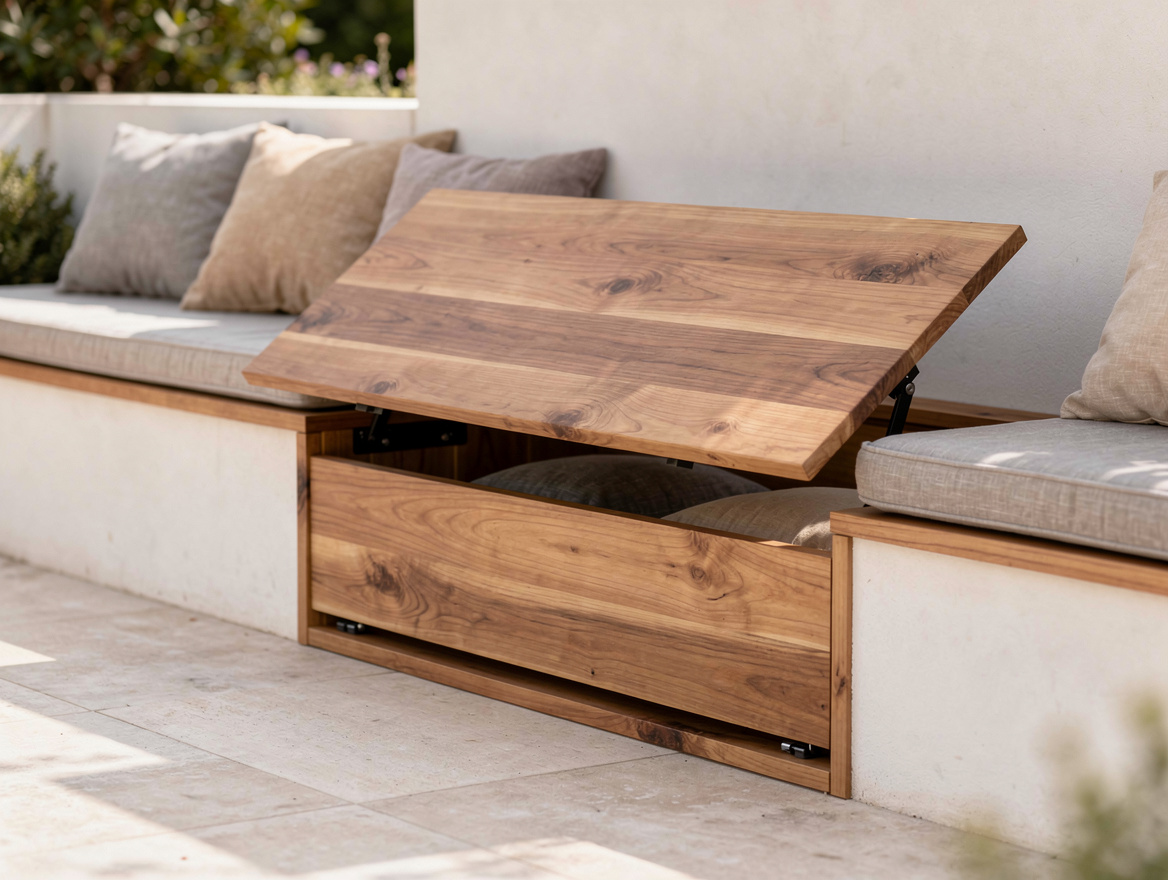 Close-up editorial photo of a built-in outdoor bench with hidden storage under a