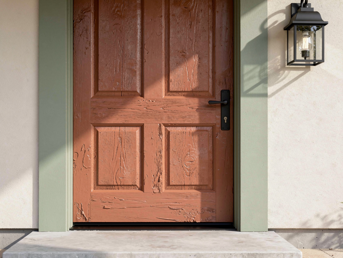 Close-up editorial photo of a front door painted terracotta beside sage trim, bl