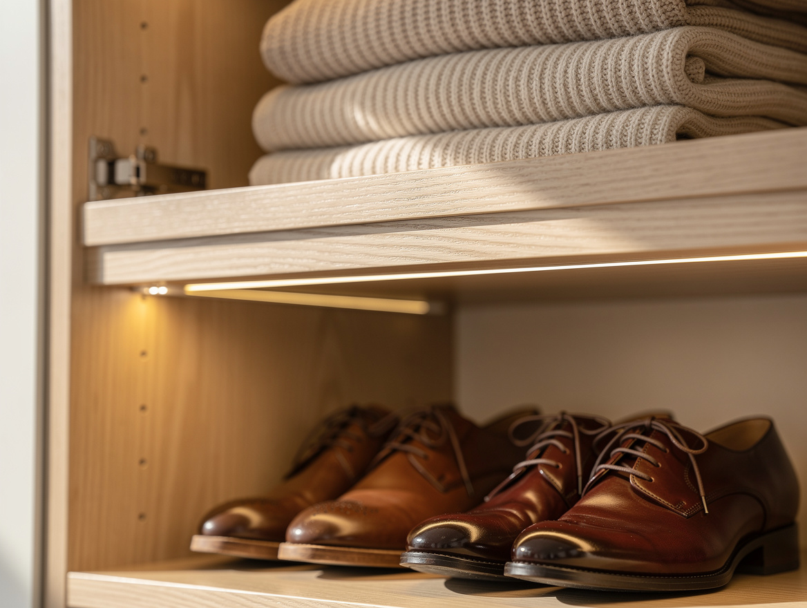 Close-up editorial photo of warm LED light bars under wooden closet shelves, sho