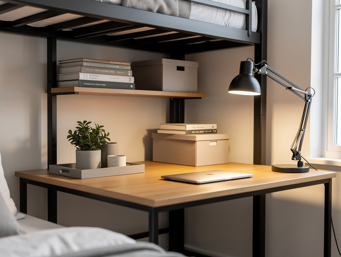 Close-up editorial photo of a loft bed desk setup with black metal frame, wood d