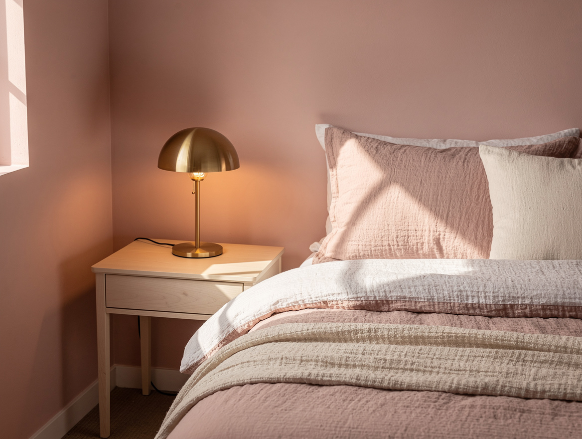 Close-up editorial photo of a blush pink bedroom corner with linen bedding, pale