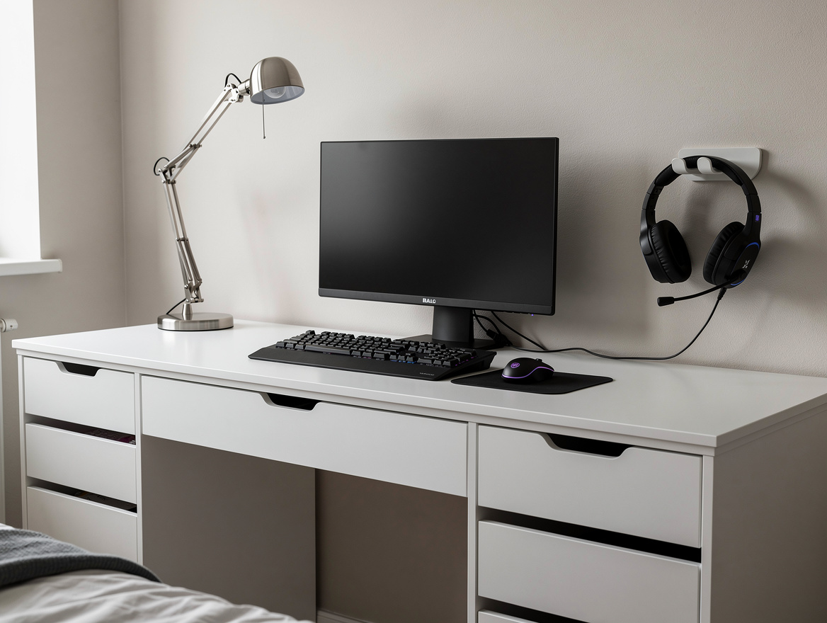 Close-up editorial photo of a teen bedroom desk wall with IKEA-style drawer desk