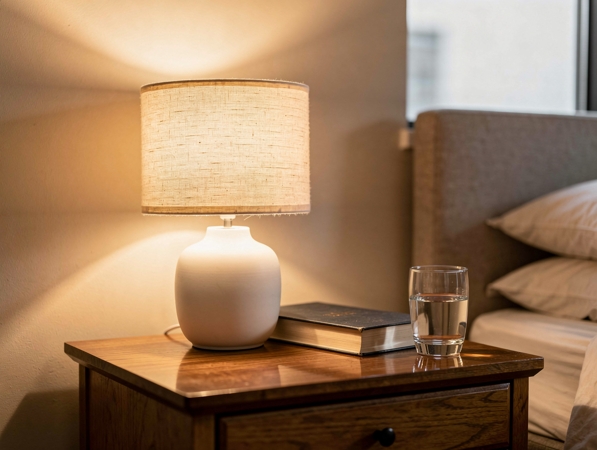 Close-up editorial photo of a warm bedside lamp with a linen shade on a small ni