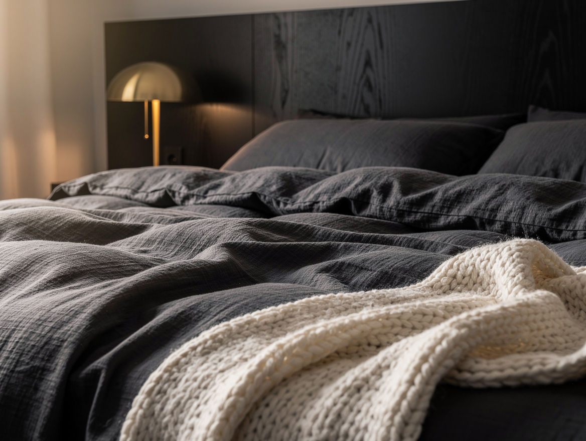 Close-up editorial detail of dark bedroom bedding with charcoal linen duvet, cre