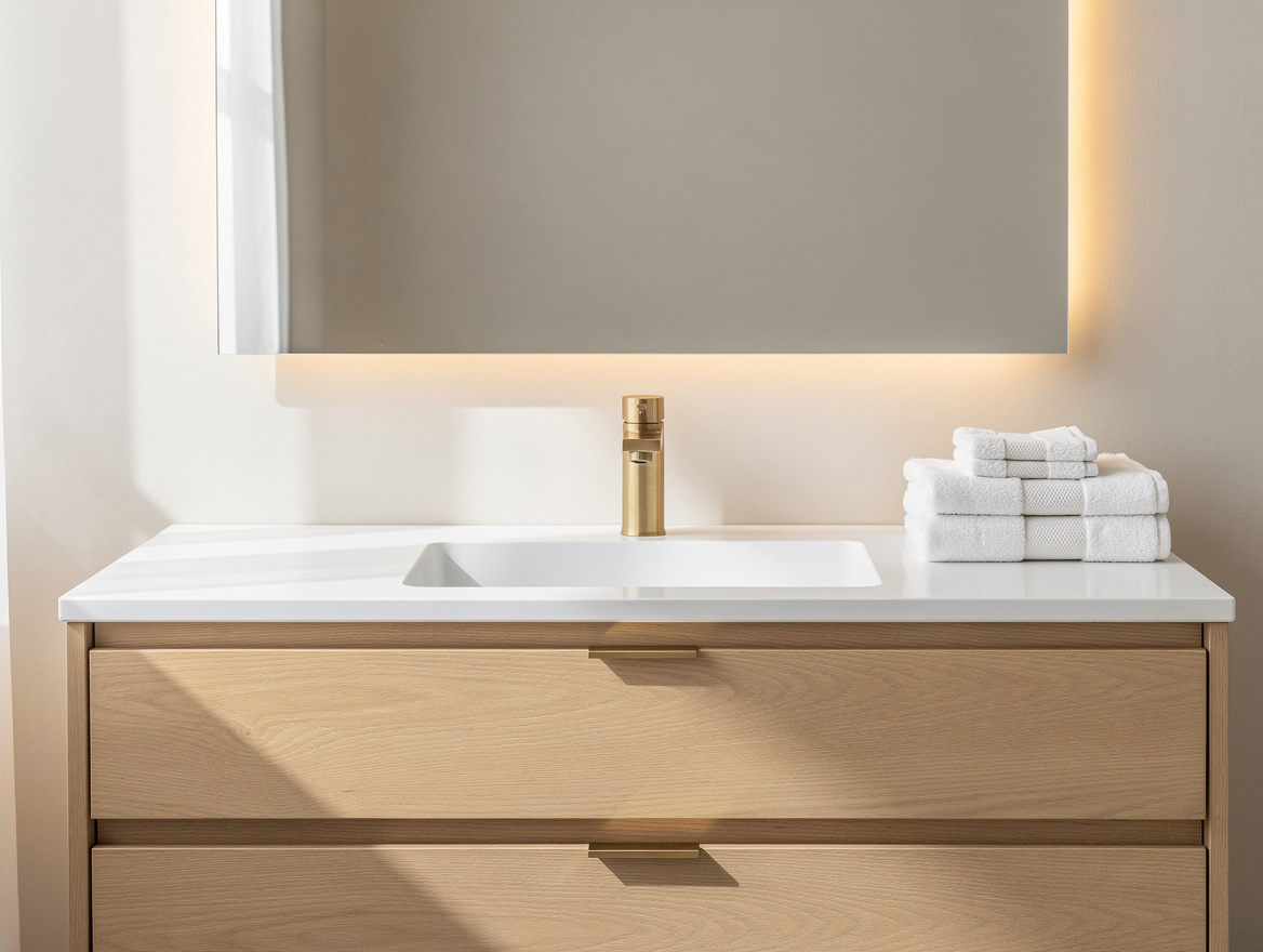Close-up editorial photo of a bathroom vanity with light oak drawers, white sink