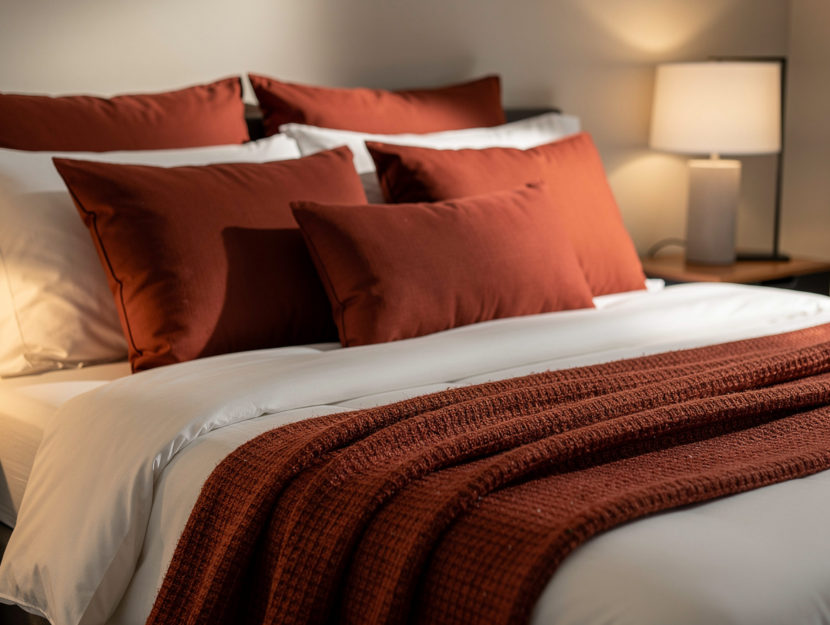 Close-up editorial photo of red bedroom styling, rust red pillows and textured t