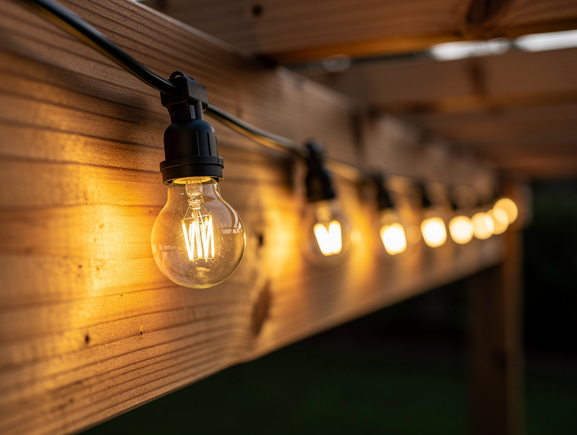 Close detail photo of black outdoor smart string lights with shatter-resistant g