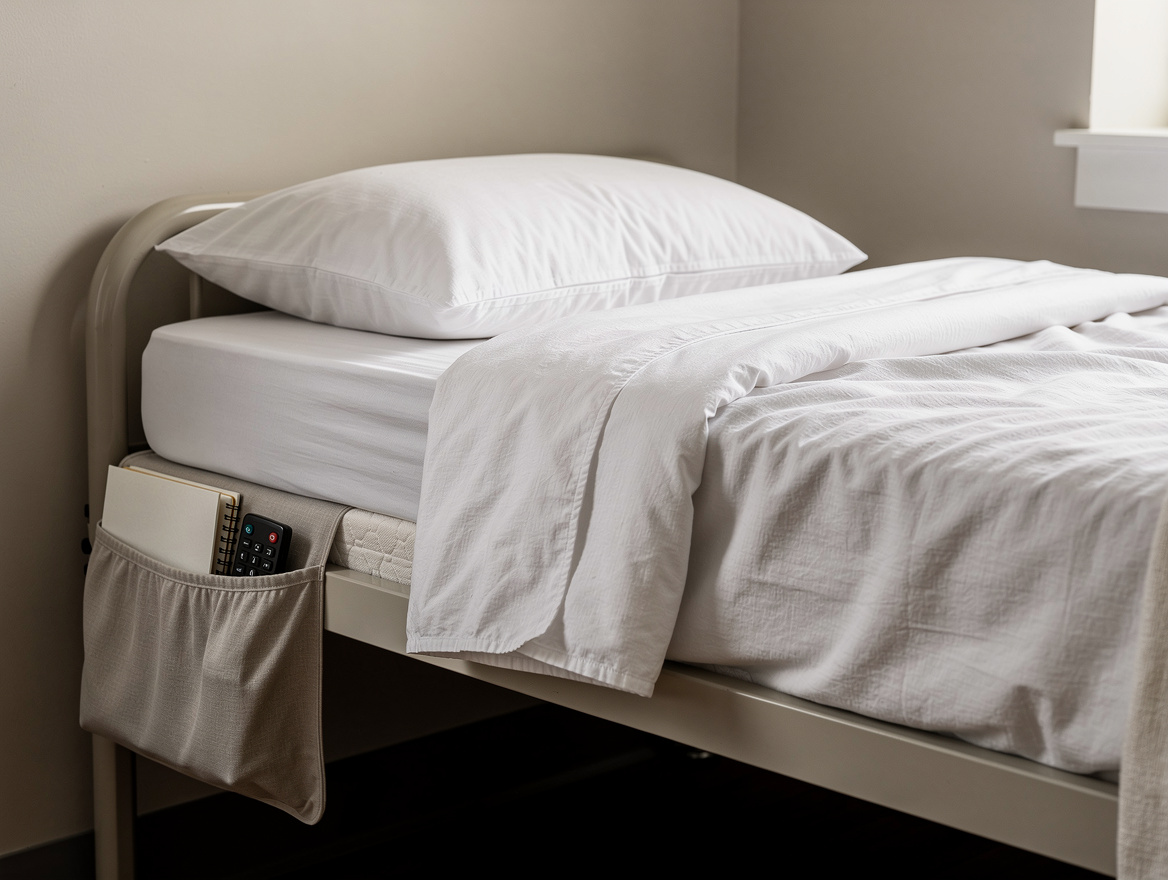 Close-up editorial photo of a Twin XL dorm bed with layered white bedding, mattr
