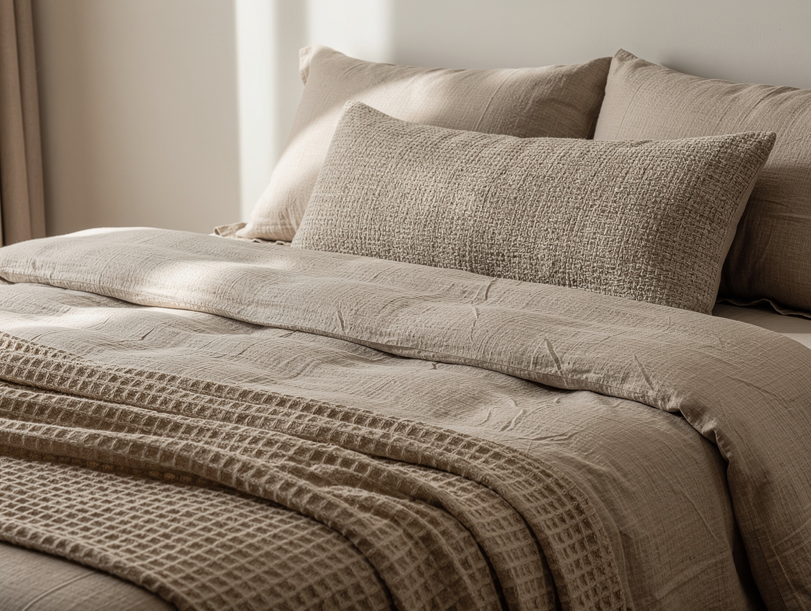 Close-up editorial photo of beige linen bedding layered with a waffle throw and