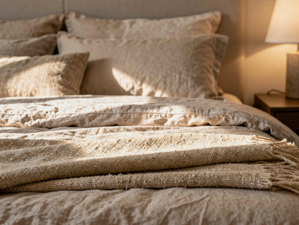 Close-up editorial photo of layered linen bedding in beige and sand tones, textu