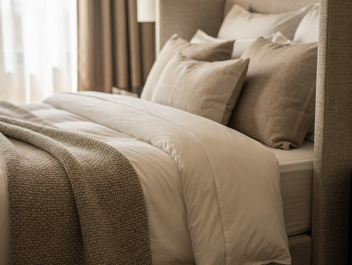 Close-up editorial photo of luxury hotel-style bedding with textured throw, line