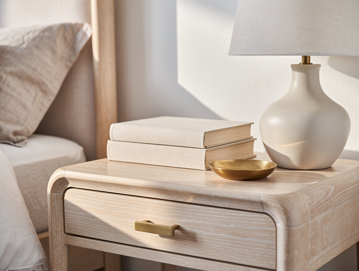Close-up editorial detail of a coastal bedroom nightstand with a ceramic lamp, p